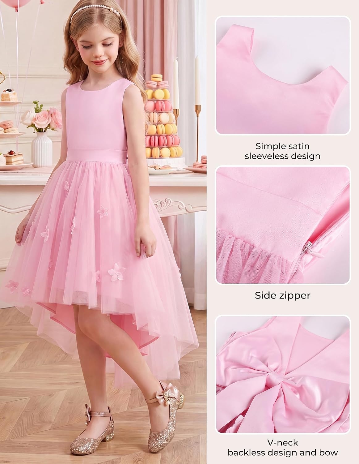image:imageGRACE KARIN Flower Girl Dreses Satin Wedding Pagegant Formal High Low TullePink
