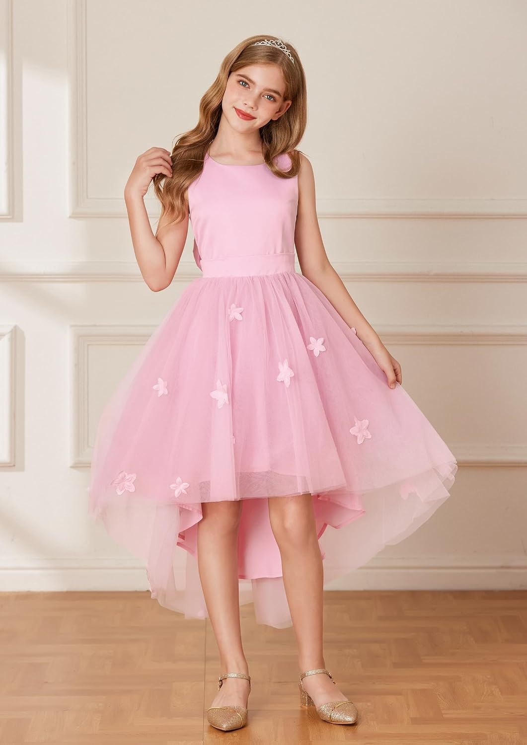 image:imageGRACE KARIN Flower Girl Dreses Satin Wedding Pagegant Formal High Low TullePink