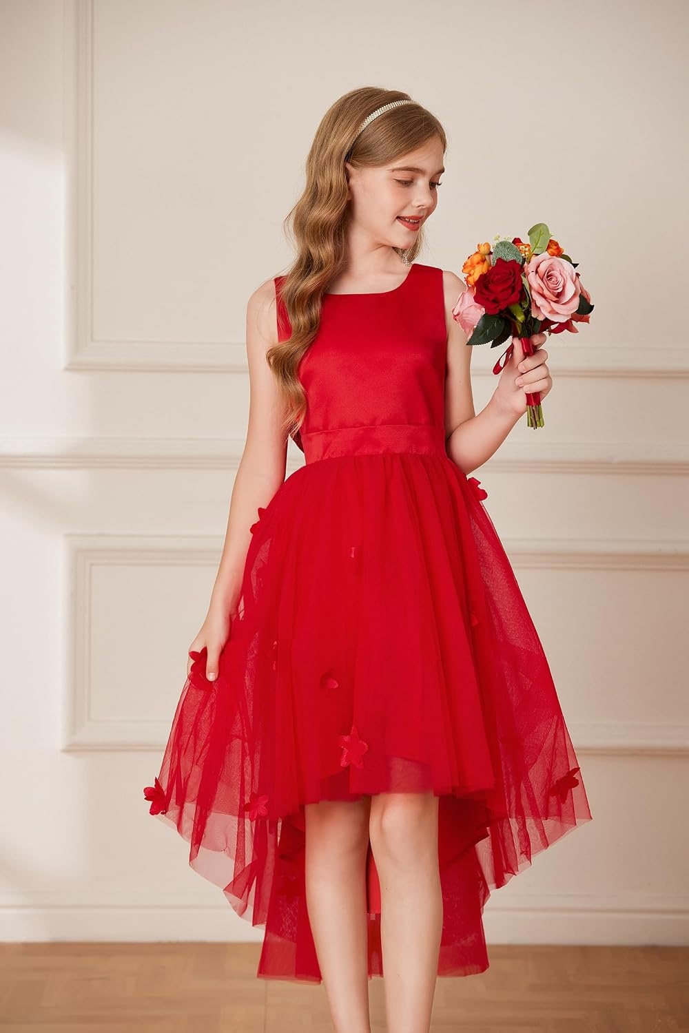 image:imageGRACE KARIN Flower Girl Dreses Satin Wedding Pagegant Formal High Low TulleRed