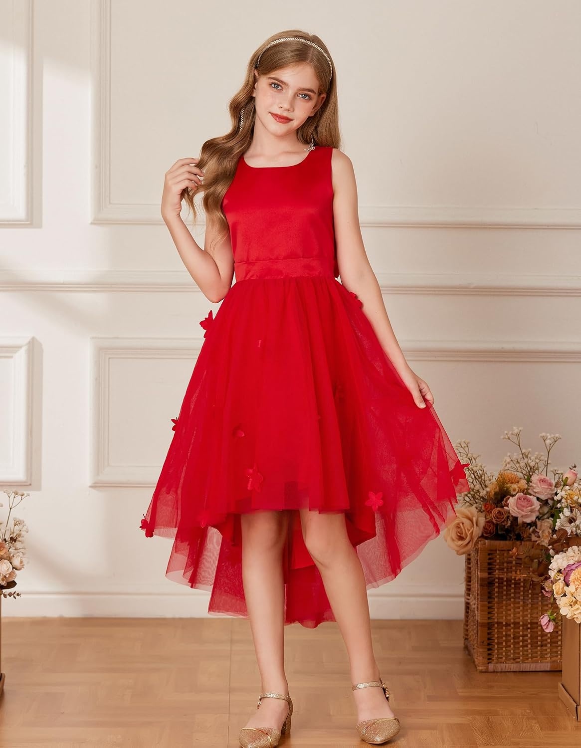 image:imageGRACE KARIN Flower Girl Dreses Satin Wedding Pagegant Formal High Low TulleRed