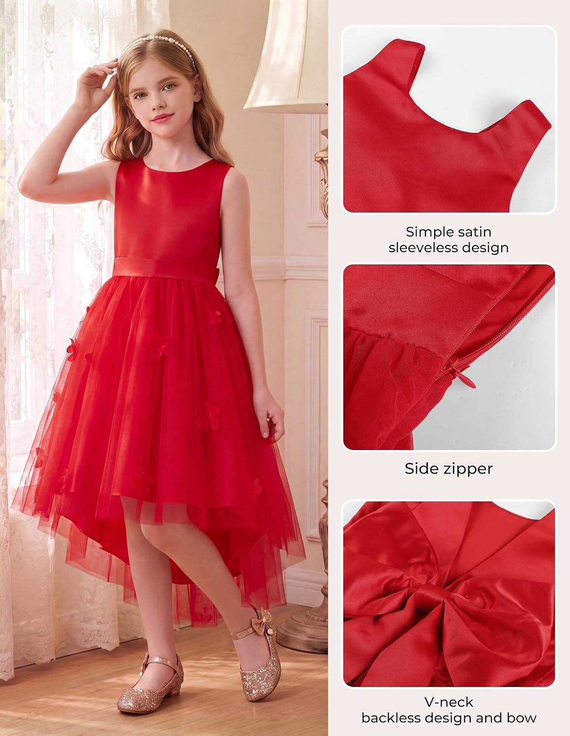 image:imageGRACE KARIN Flower Girl Dreses Satin Wedding Pagegant Formal High Low TulleRed