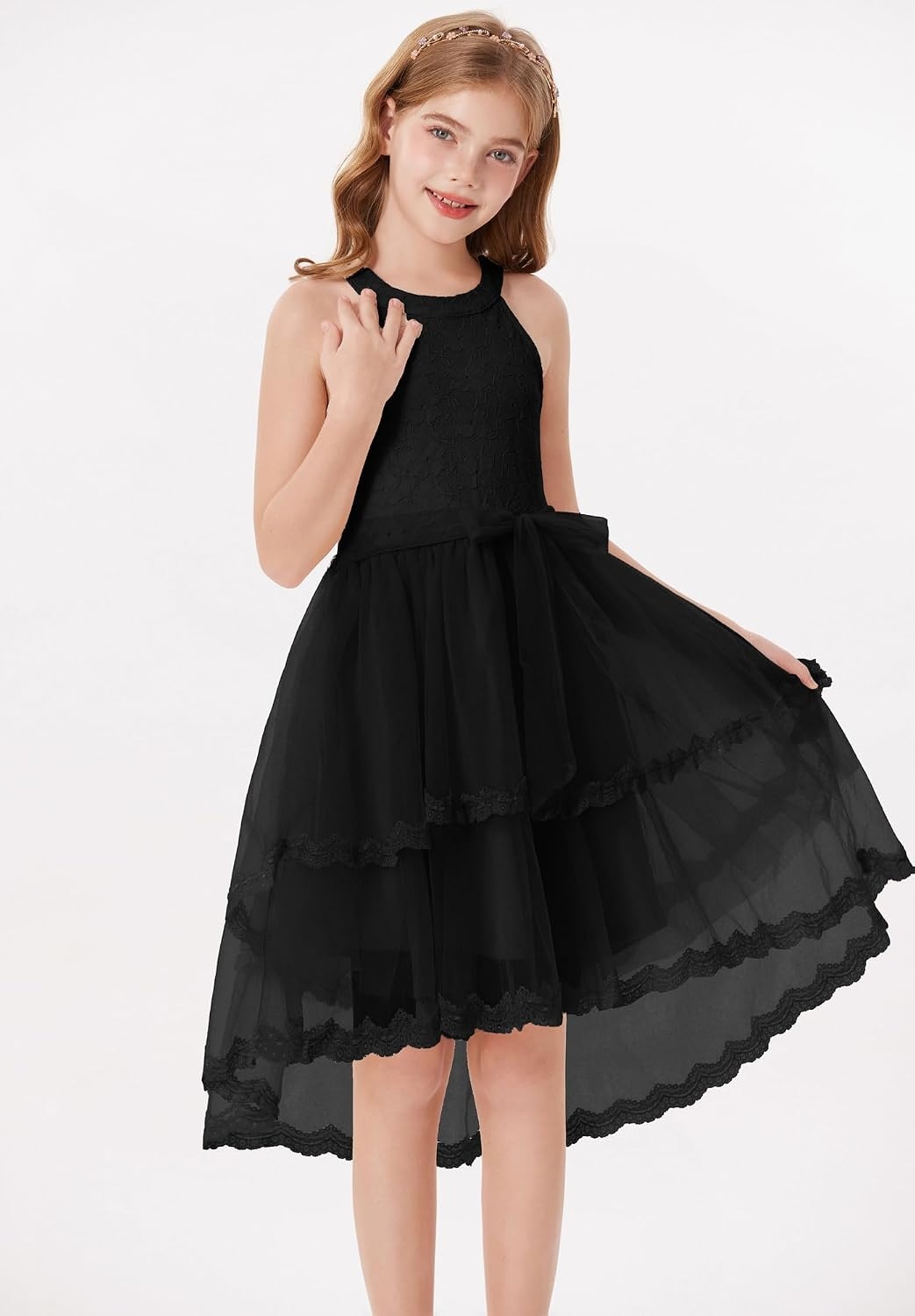 image:imageGRACE KARIN Flower Girl Dress Kids Wedding Guest Birthday Party Formal Lace Tulle Princess High Low Dresses 510YBlack
