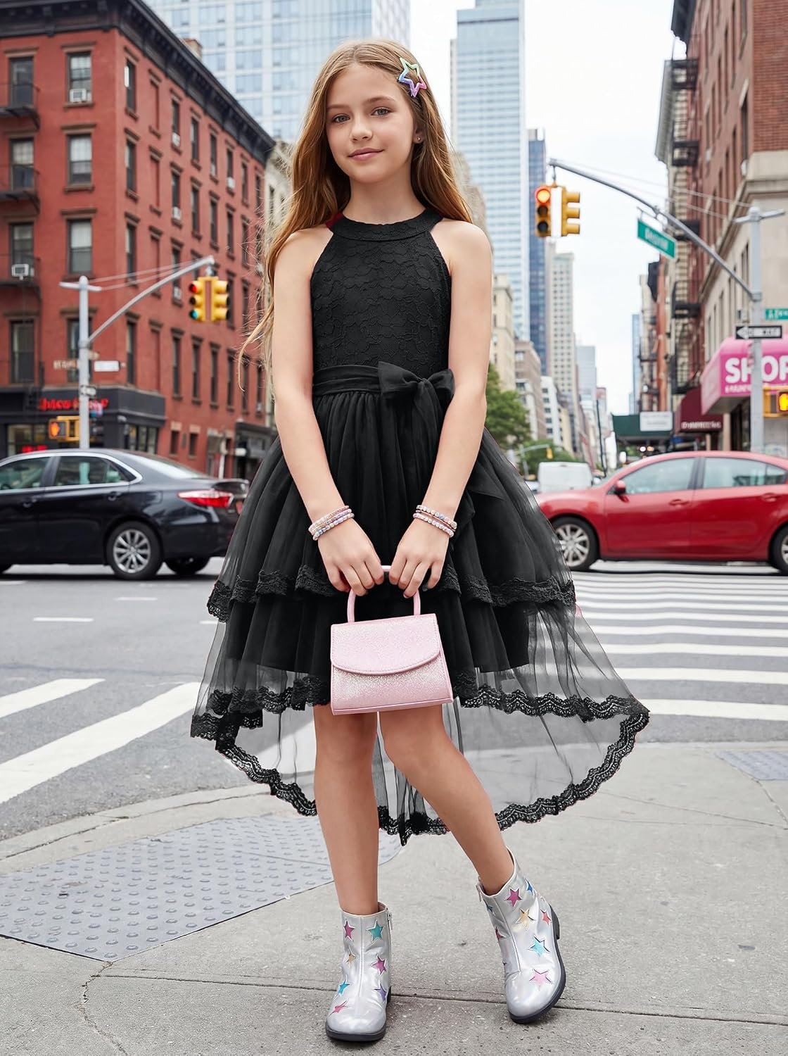 image:imageGRACE KARIN Flower Girl Dress Kids Wedding Guest Birthday Party Formal Lace Tulle Princess High Low Dresses 510YBlack
