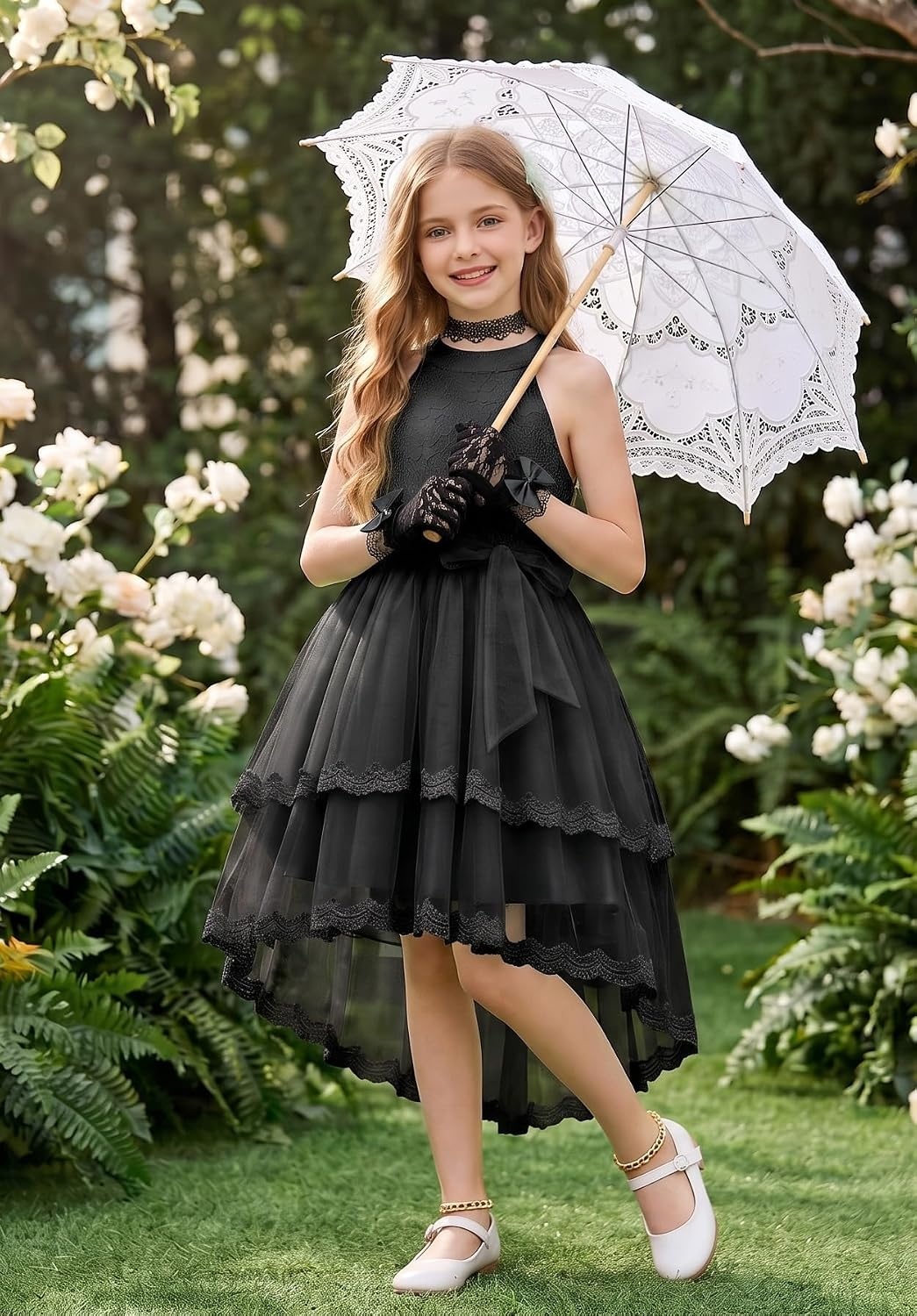 image:imageGRACE KARIN Flower Girl Dress Kids Wedding Guest Birthday Party Formal Lace Tulle Princess High Low Dresses 510YBlack