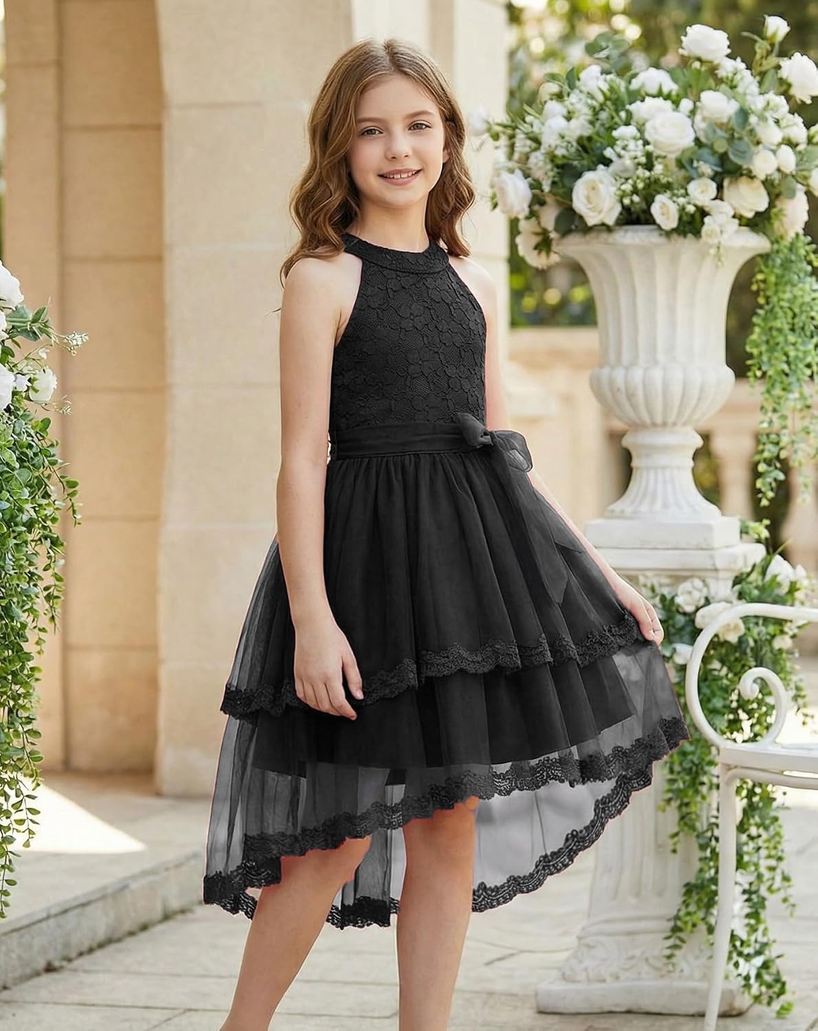 image:imageGRACE KARIN Flower Girl Dress Kids Wedding Guest Birthday Party Formal Lace Tulle Princess High Low Dresses 510YBlack