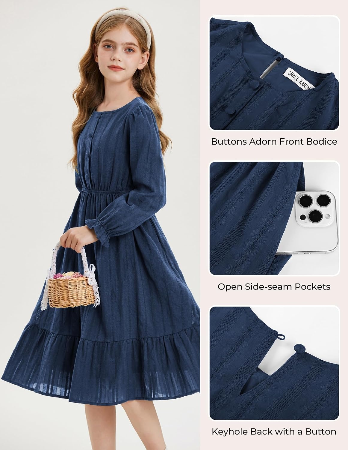 image:imageGRACE KARIN Girls Fall Long Sleeve Dress Formal Party Winter Midi DressesDark Blue