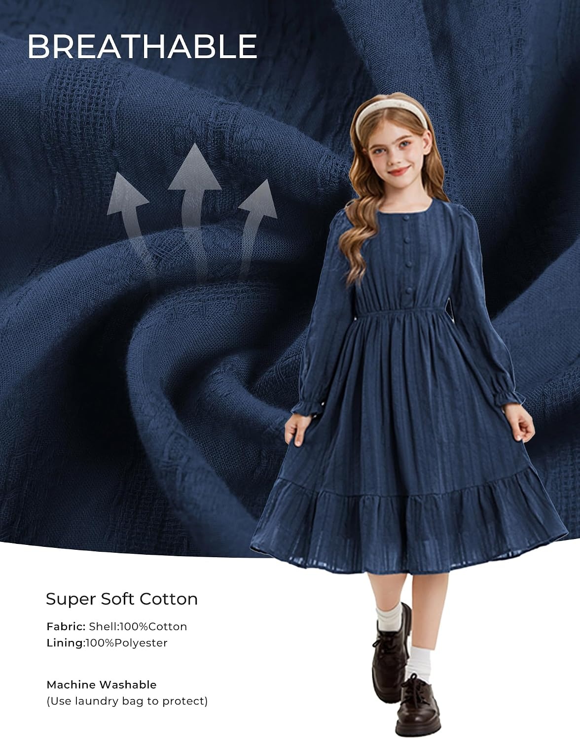 image:imageGRACE KARIN Girls Fall Long Sleeve Dress Formal Party Winter Midi DressesDark Blue