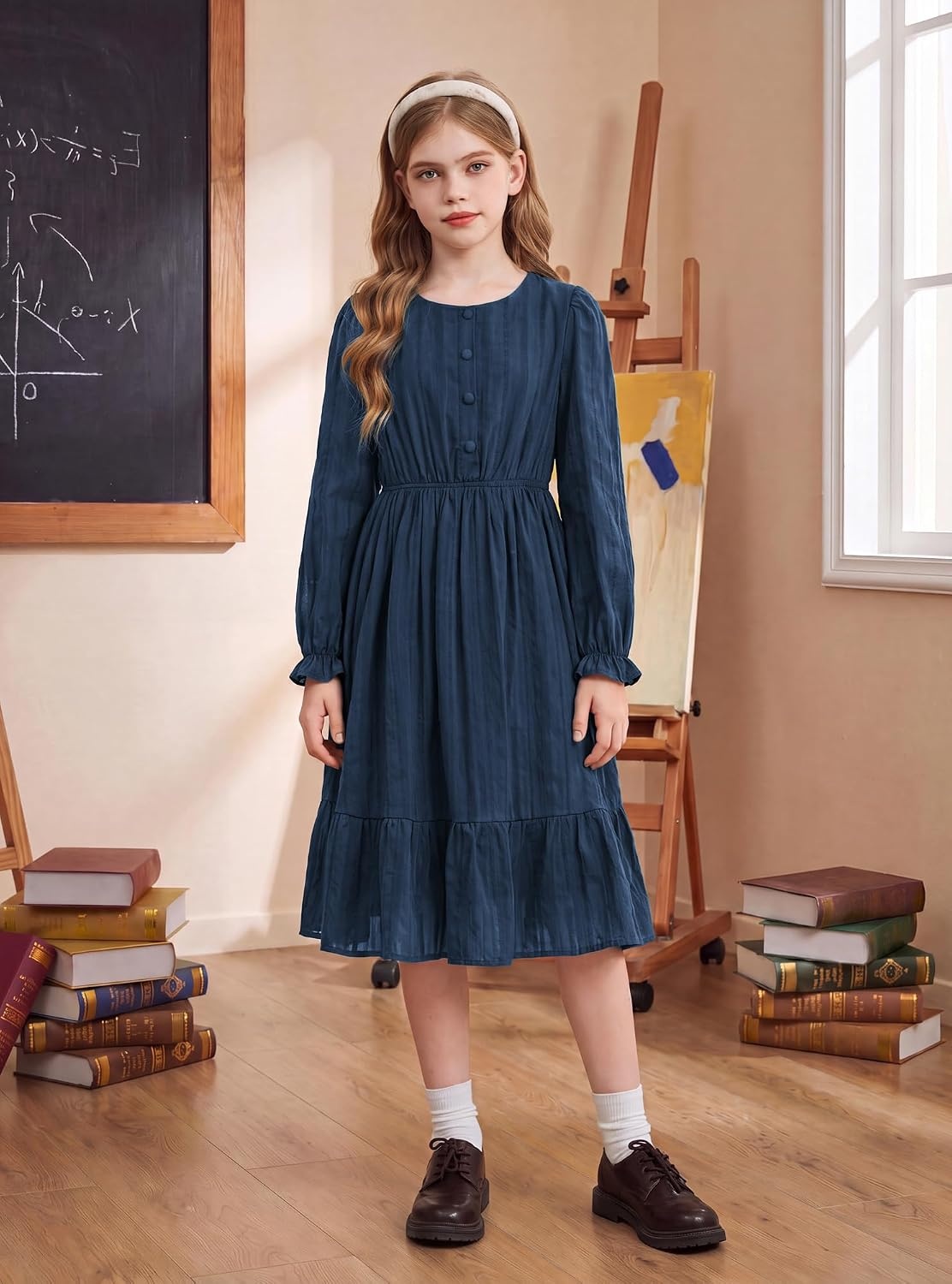 image:imageGRACE KARIN Girls Fall Long Sleeve Dress Formal Party Winter Midi DressesDark Blue