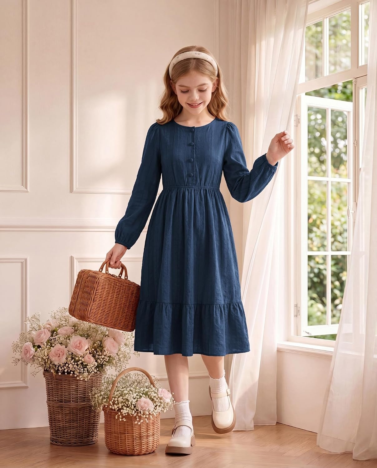 image:imageGRACE KARIN Girls Fall Long Sleeve Dress Formal Party Winter Midi DressesDark Blue