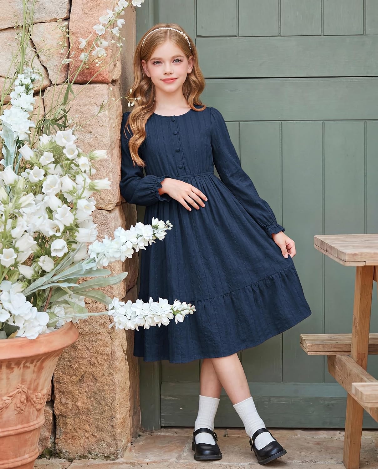 image:imageGRACE KARIN Girls Fall Long Sleeve Dress Formal Party Winter Midi DressesDark Blue