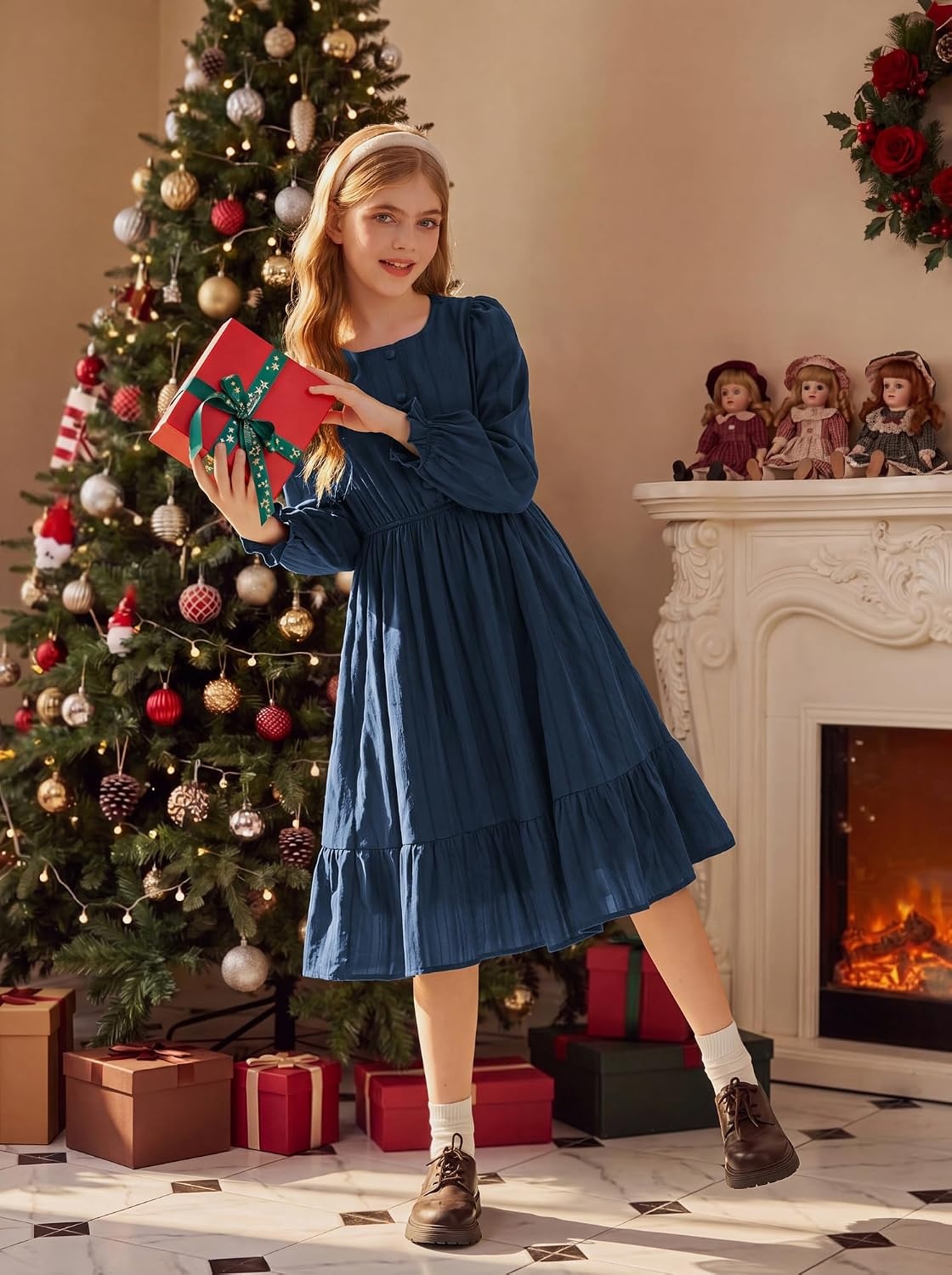 image:imageGRACE KARIN Girls Fall Long Sleeve Dress Formal Party Winter Midi DressesDark Blue