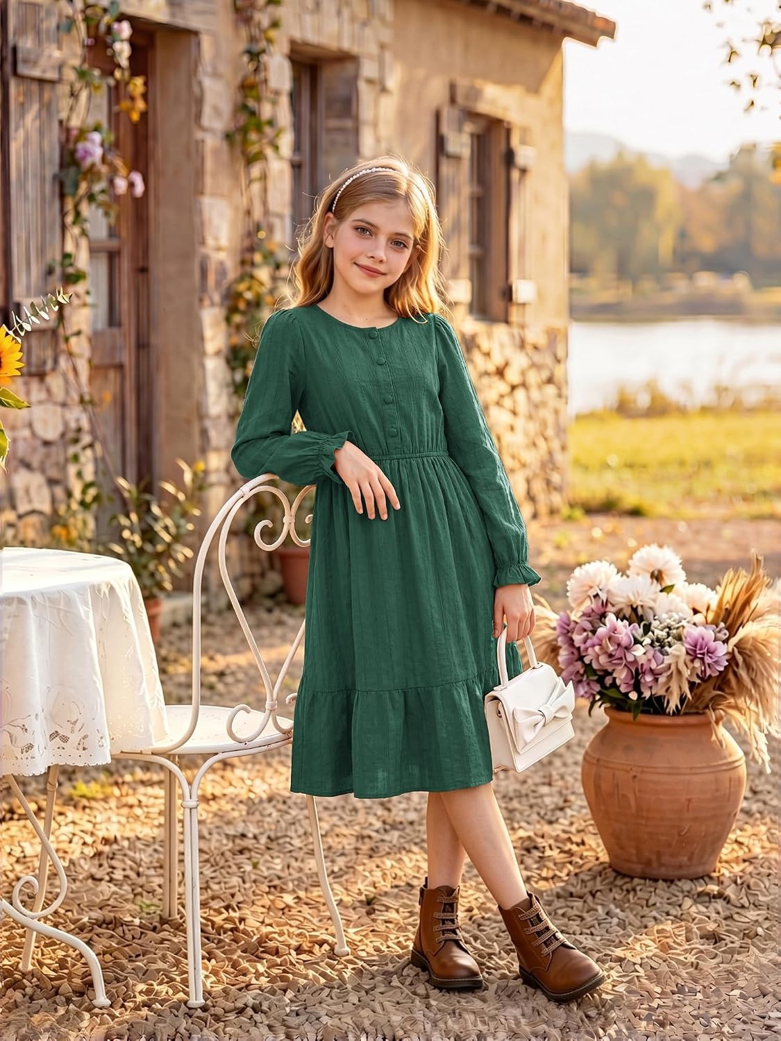 image:imageGRACE KARIN Girls Fall Long Sleeve Dress Formal Party Winter Midi DressesDark Green