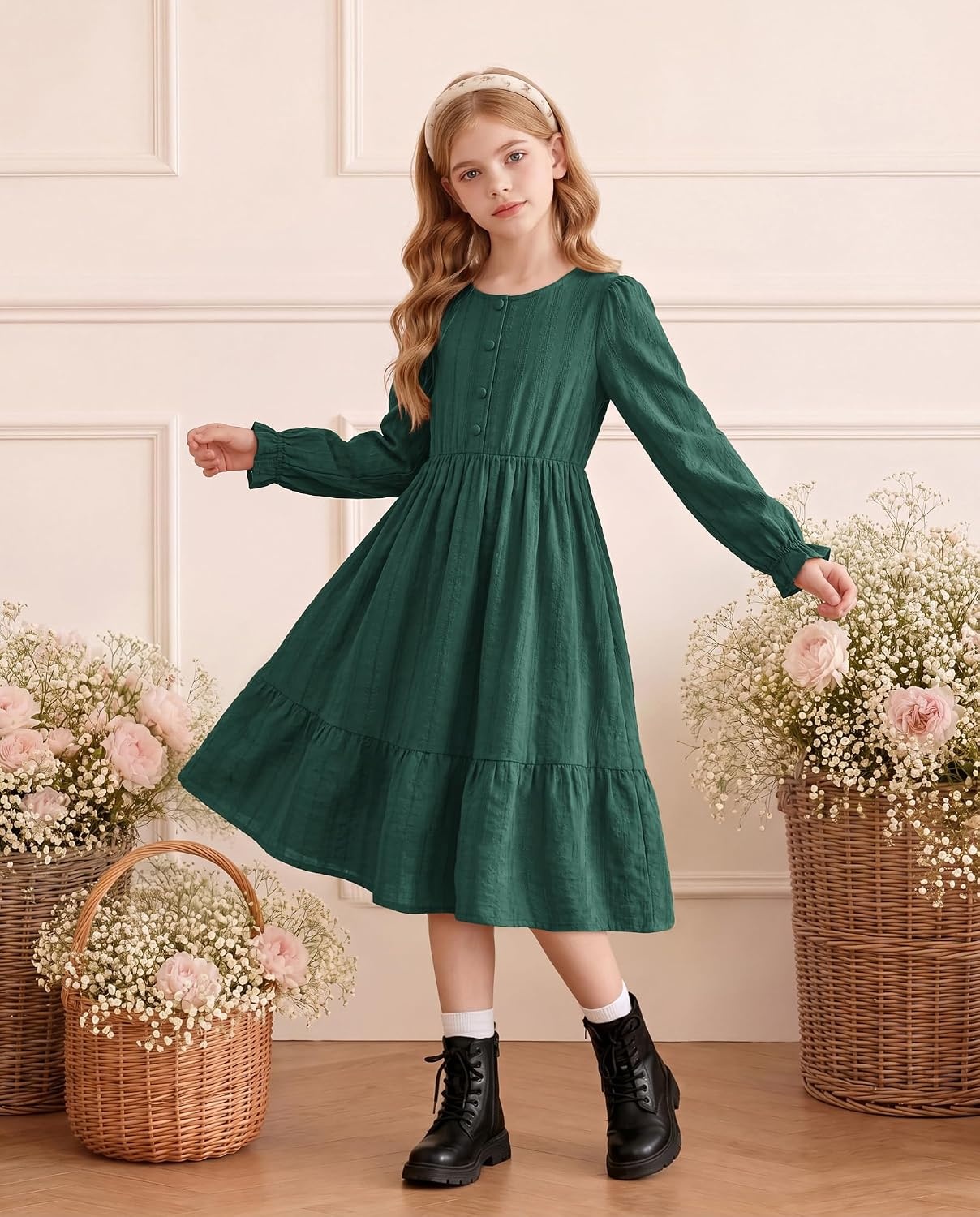 image:imageGRACE KARIN Girls Fall Long Sleeve Dress Formal Party Winter Midi DressesDark Green