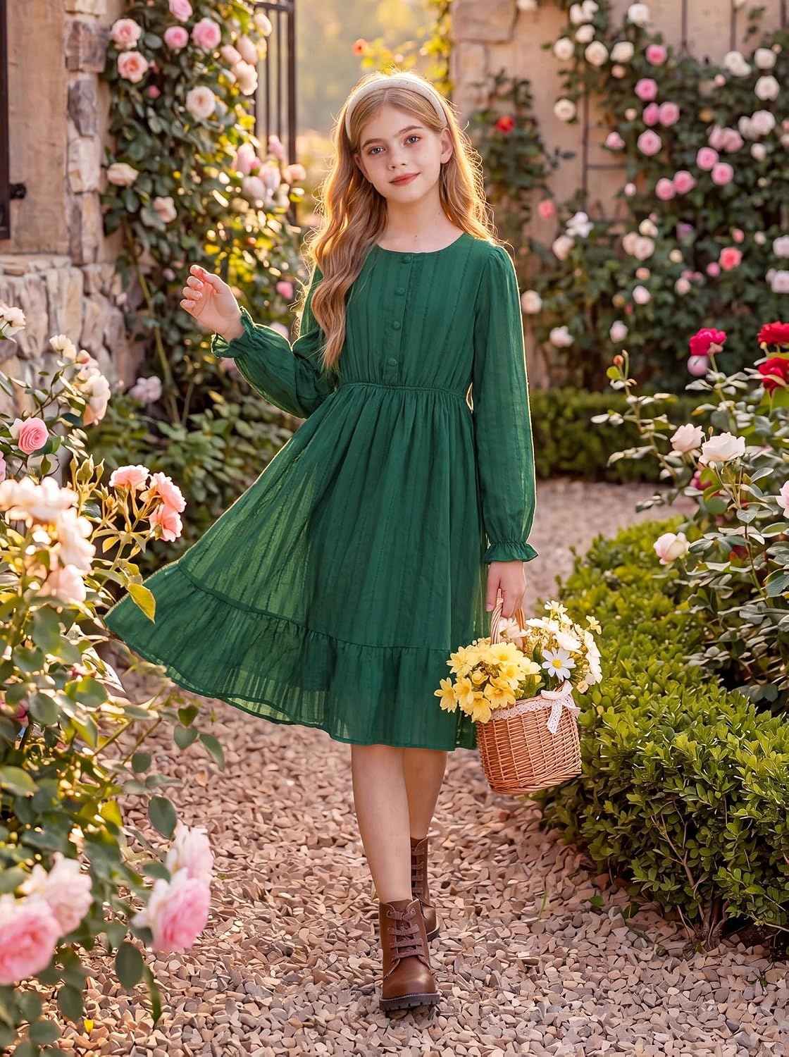 image:imageGRACE KARIN Girls Fall Long Sleeve Dress Formal Party Winter Midi DressesDark Green