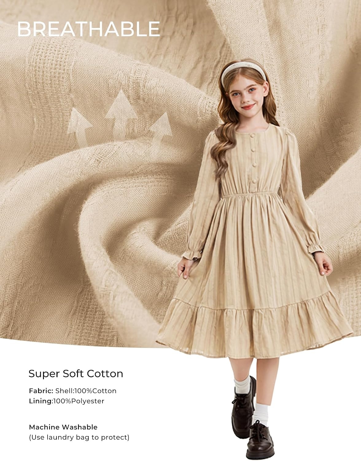 image:imageGRACE KARIN Girls Fall Long Sleeve Dress Formal Party Winter Midi DressesOyster White