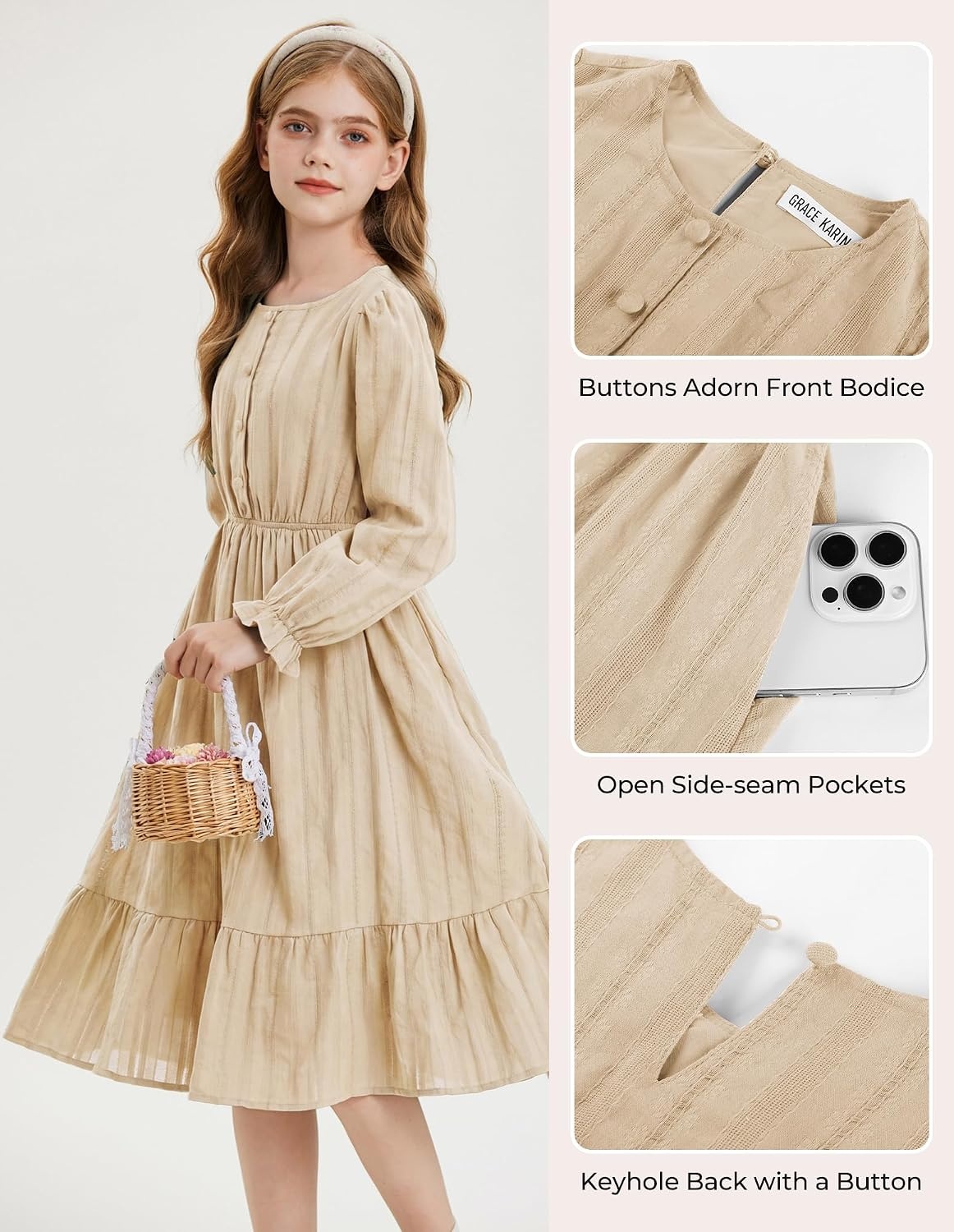 image:imageGRACE KARIN Girls Fall Long Sleeve Dress Formal Party Winter Midi DressesOyster White