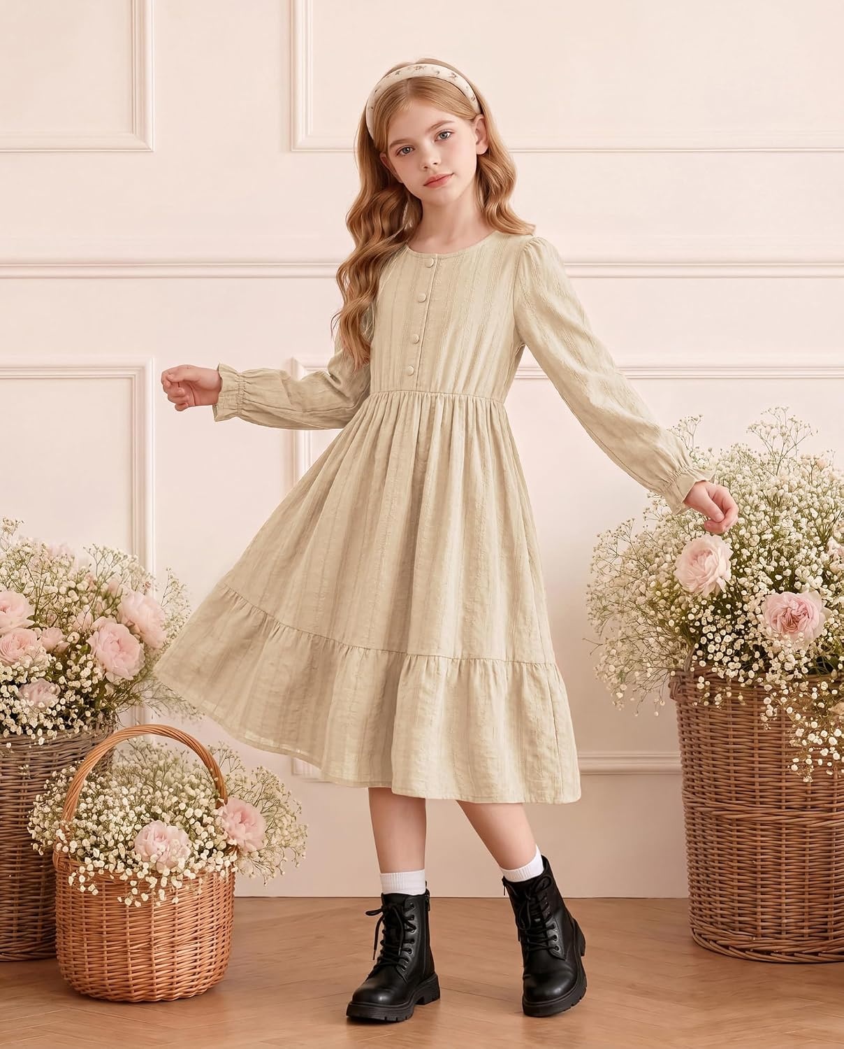 image:imageGRACE KARIN Girls Fall Long Sleeve Dress Formal Party Winter Midi DressesOyster White