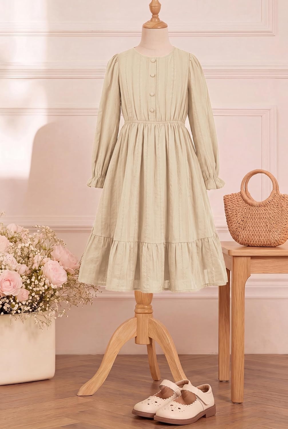 image:imageGRACE KARIN Girls Fall Long Sleeve Dress Formal Party Winter Midi DressesOyster White