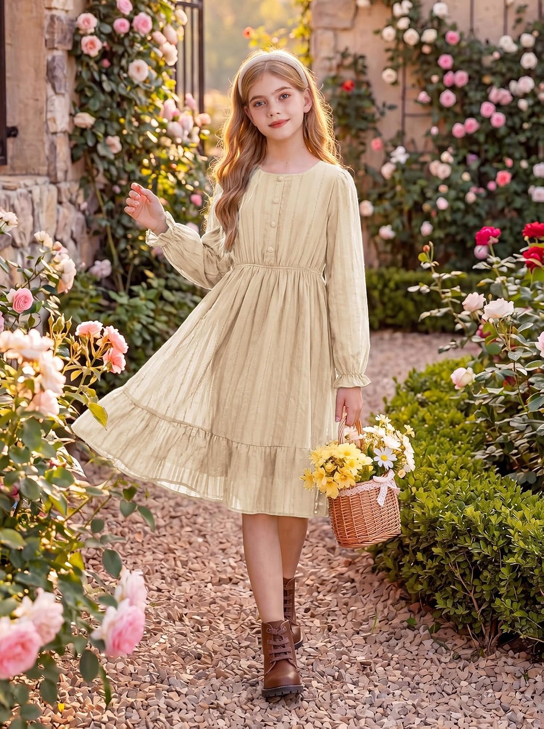 image:imageGRACE KARIN Girls Fall Long Sleeve Dress Formal Party Winter Midi DressesOyster White