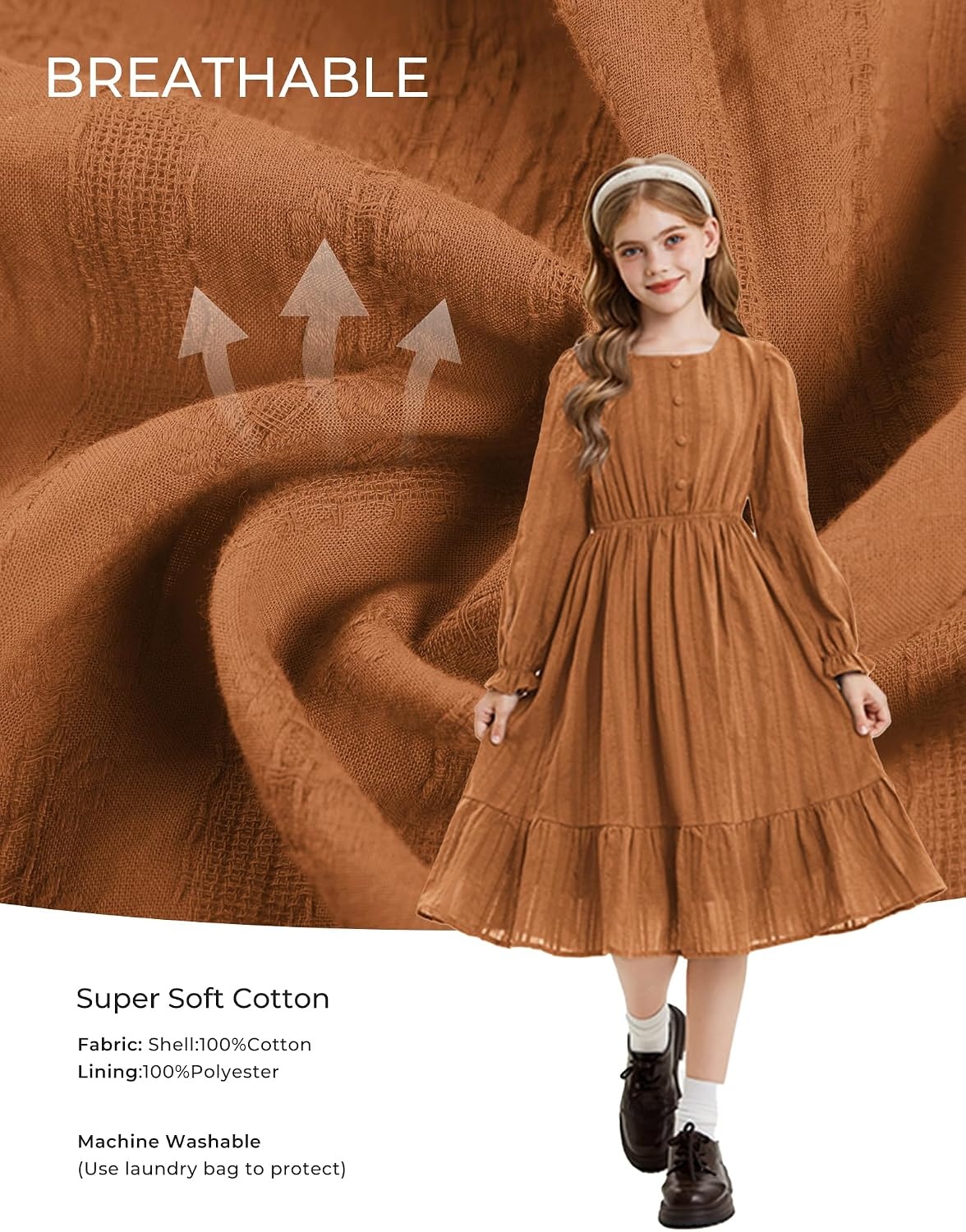 image:imageGRACE KARIN Girls Fall Long Sleeve Dress Formal Party Winter Midi DressesPumpkin Orange