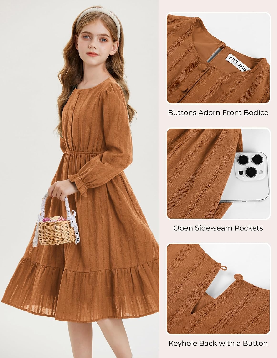 image:imageGRACE KARIN Girls Fall Long Sleeve Dress Formal Party Winter Midi DressesPumpkin Orange