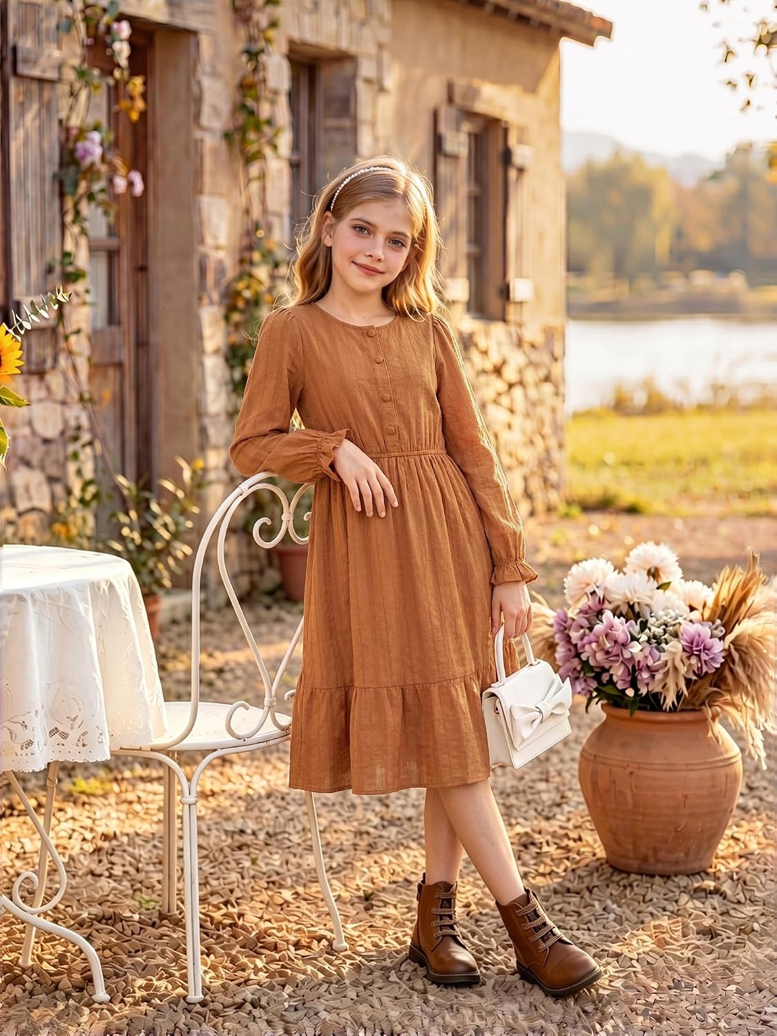 image:imageGRACE KARIN Girls Fall Long Sleeve Dress Formal Party Winter Midi DressesPumpkin Orange
