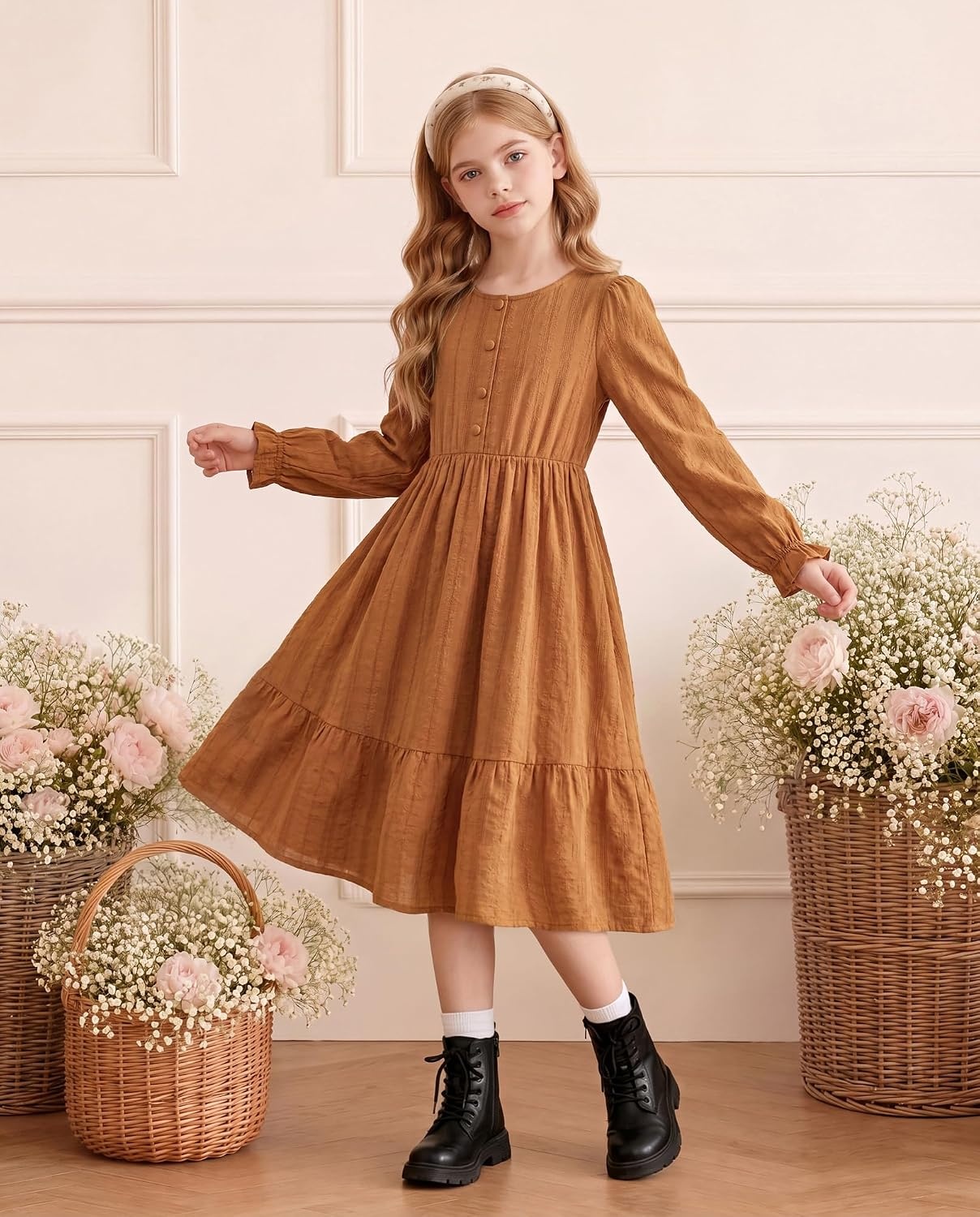 image:imageGRACE KARIN Girls Fall Long Sleeve Dress Formal Party Winter Midi DressesPumpkin Orange