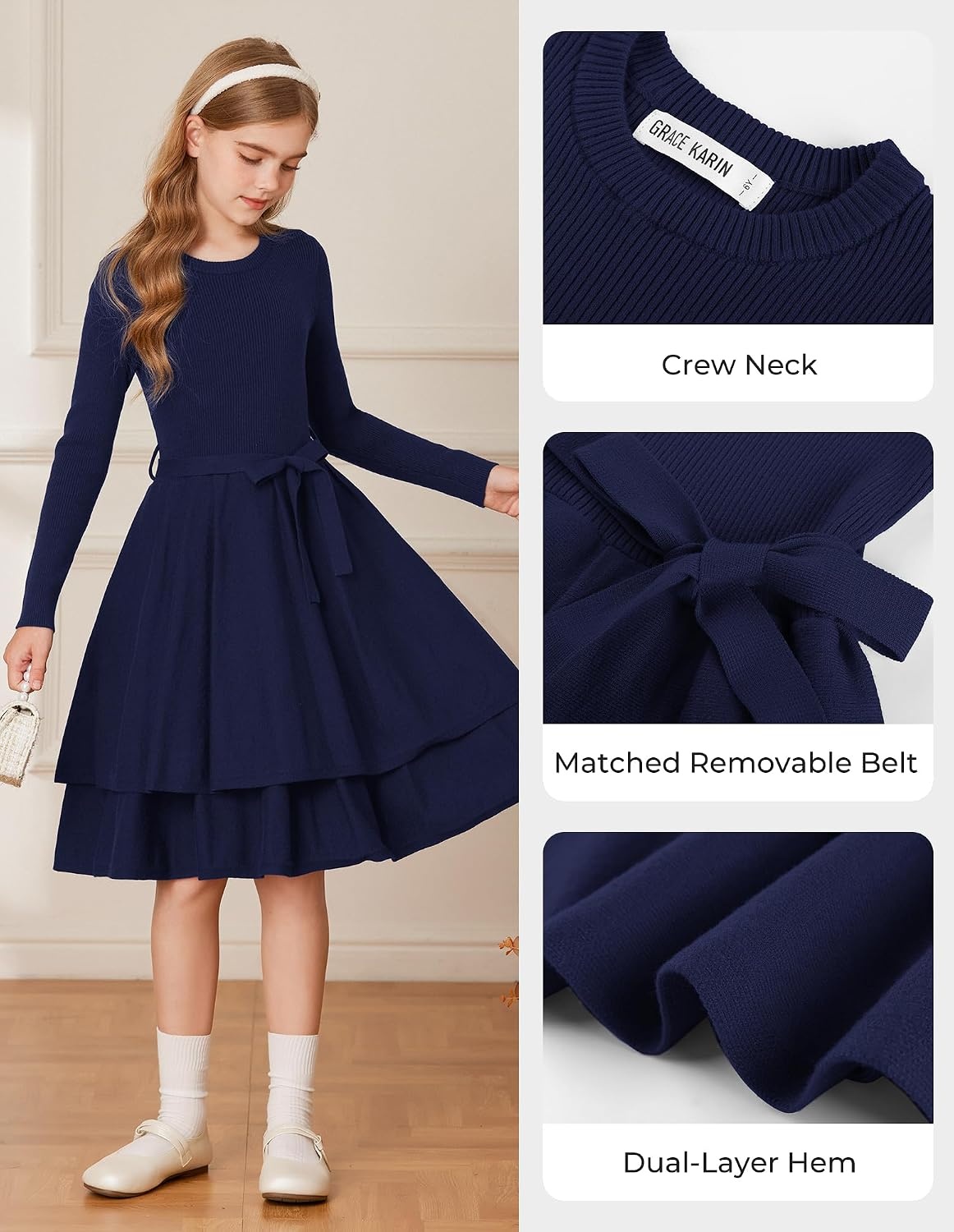 image:imageGRACE KARIN Girls Fall Sweater Dress Long Sleeve Knit Winter Dresses 512YNavy Blue