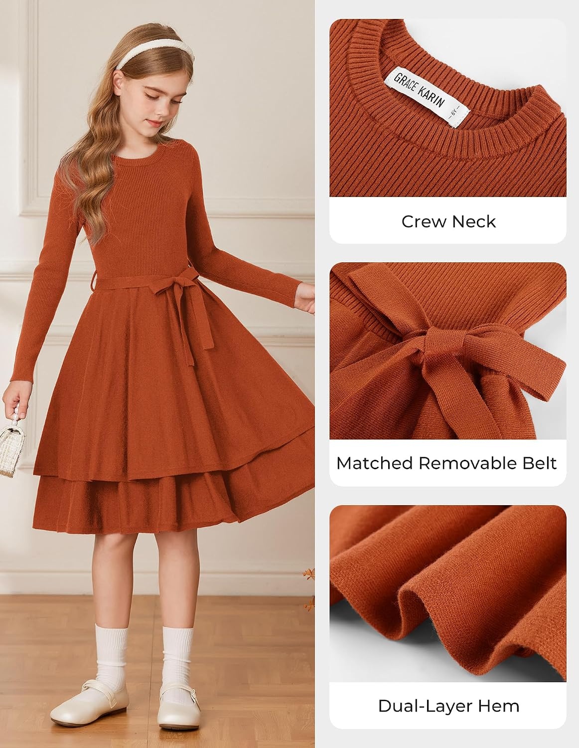 image:imageGRACE KARIN Girls Fall Sweater Dress Long Sleeve Knit Winter Dresses 512YPumpkin Orange
