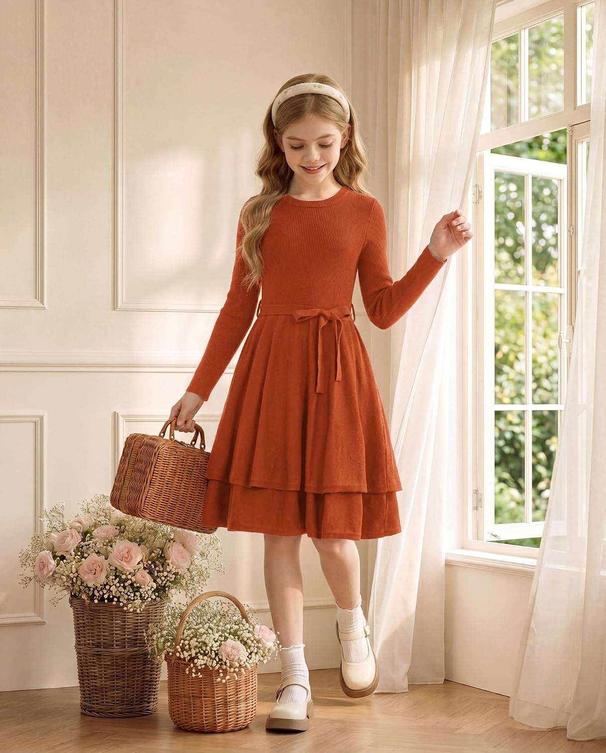 image:imageGRACE KARIN Girls Fall Sweater Dress Long Sleeve Knit Winter Dresses 512YPumpkin Orange