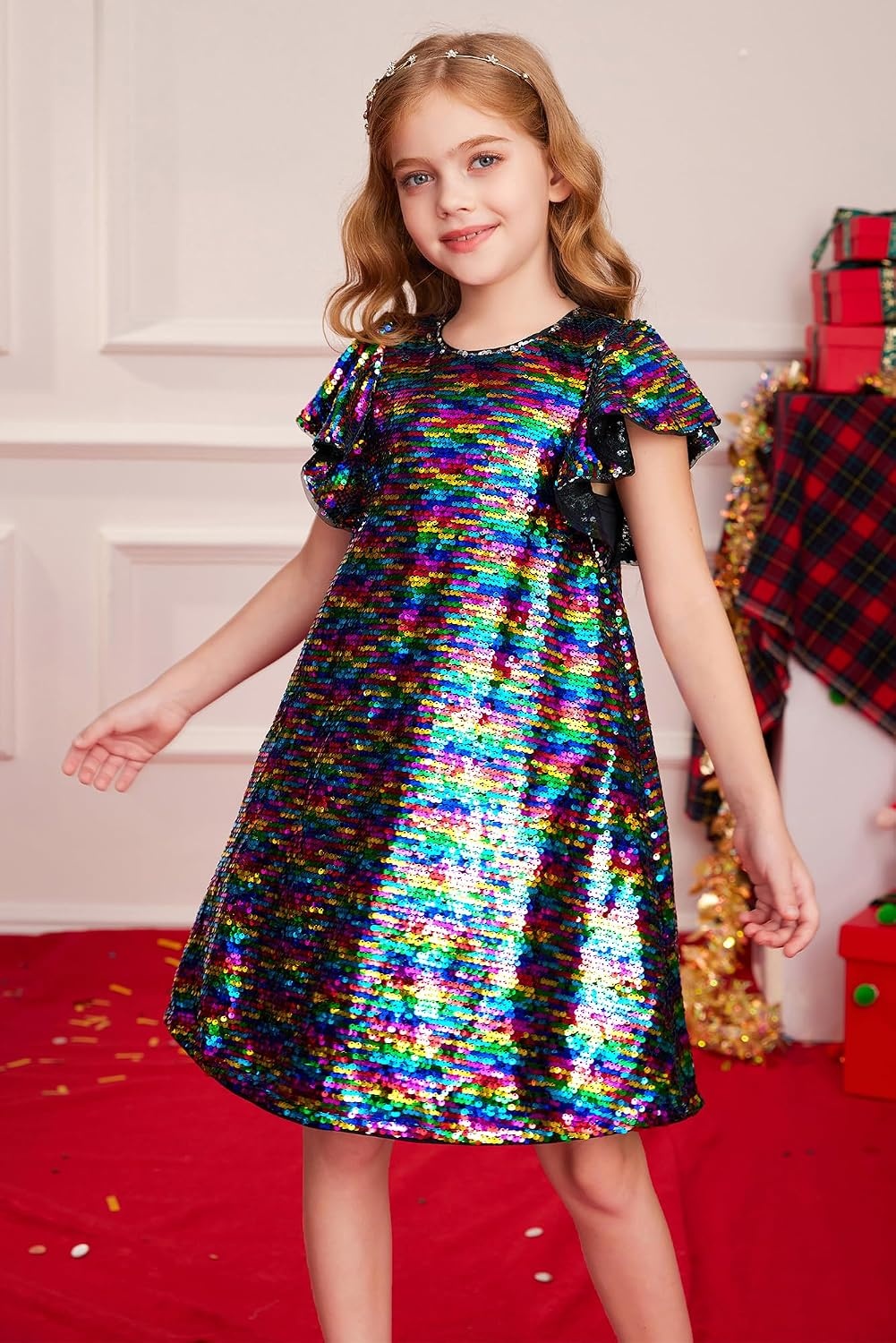 image:imageGRACE KARIN Girls Flutter Sleeve Sequin Dresses Kids Crew Neck Sparkly Fancy Formal Party Dress with Hairbow 512 YearsMulticolor Black