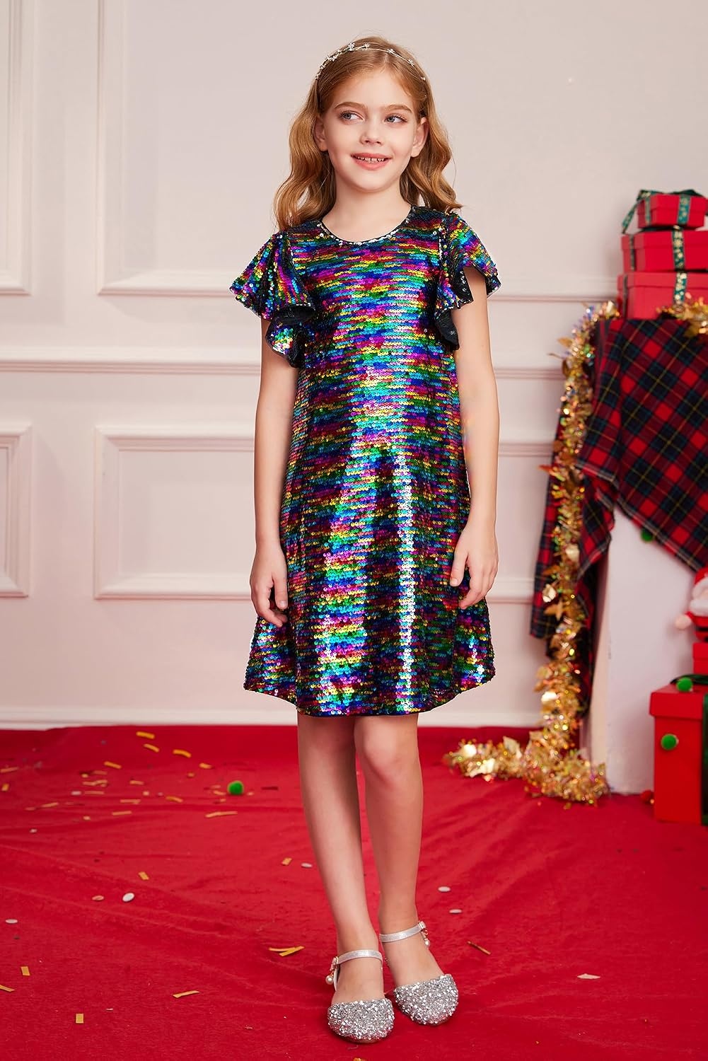 image:imageGRACE KARIN Girls Flutter Sleeve Sequin Dresses Kids Crew Neck Sparkly Fancy Formal Party Dress with Hairbow 512 YearsMulticolor Black