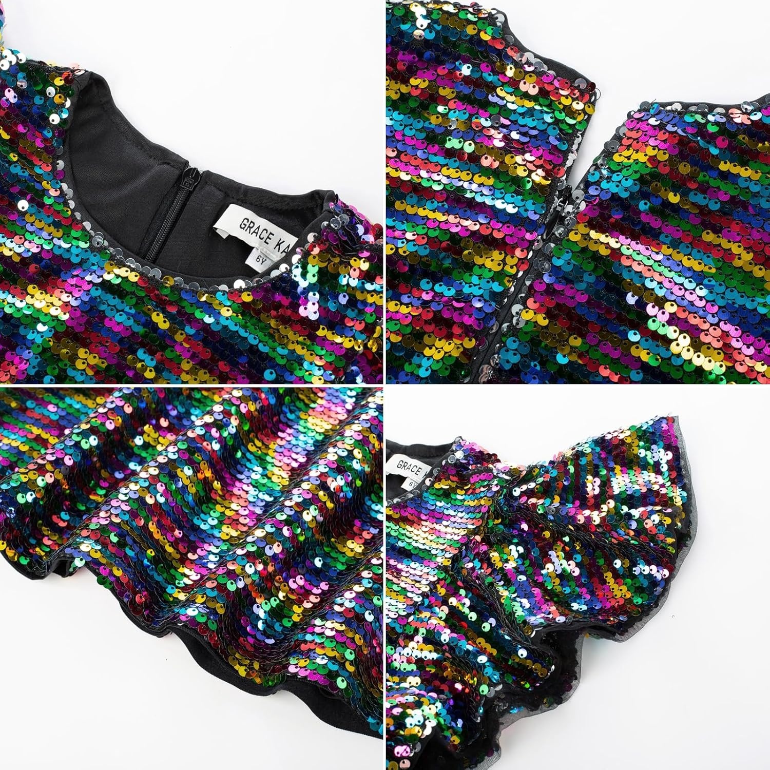 image:imageGRACE KARIN Girls Flutter Sleeve Sequin Dresses Kids Crew Neck Sparkly Fancy Formal Party Dress with Hairbow 512 YearsMulticolor Black