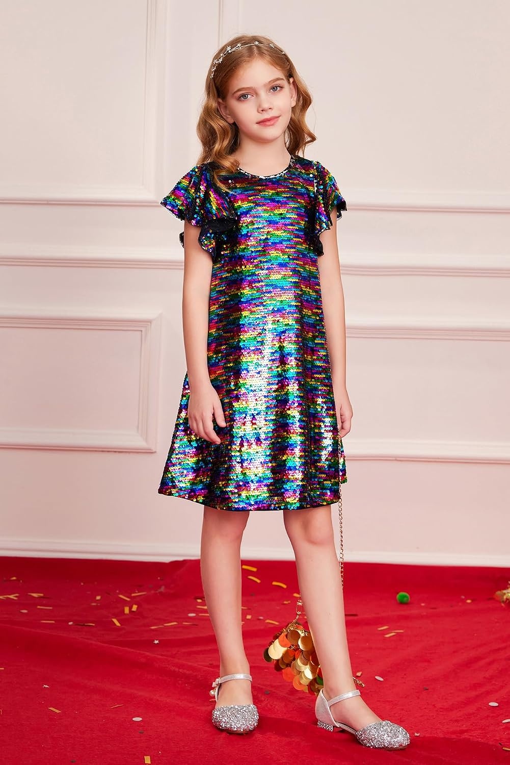 image:imageGRACE KARIN Girls Flutter Sleeve Sequin Dresses Kids Crew Neck Sparkly Fancy Formal Party Dress with Hairbow 512 YearsMulticolor Black