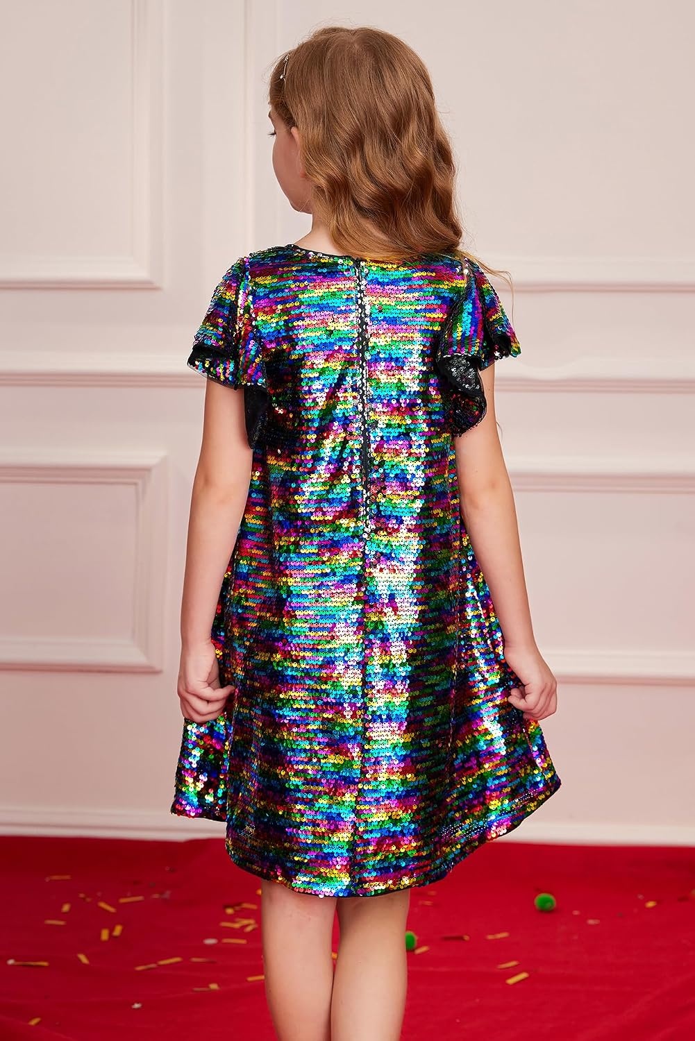 image:imageGRACE KARIN Girls Flutter Sleeve Sequin Dresses Kids Crew Neck Sparkly Fancy Formal Party Dress with Hairbow 512 YearsMulticolor Black
