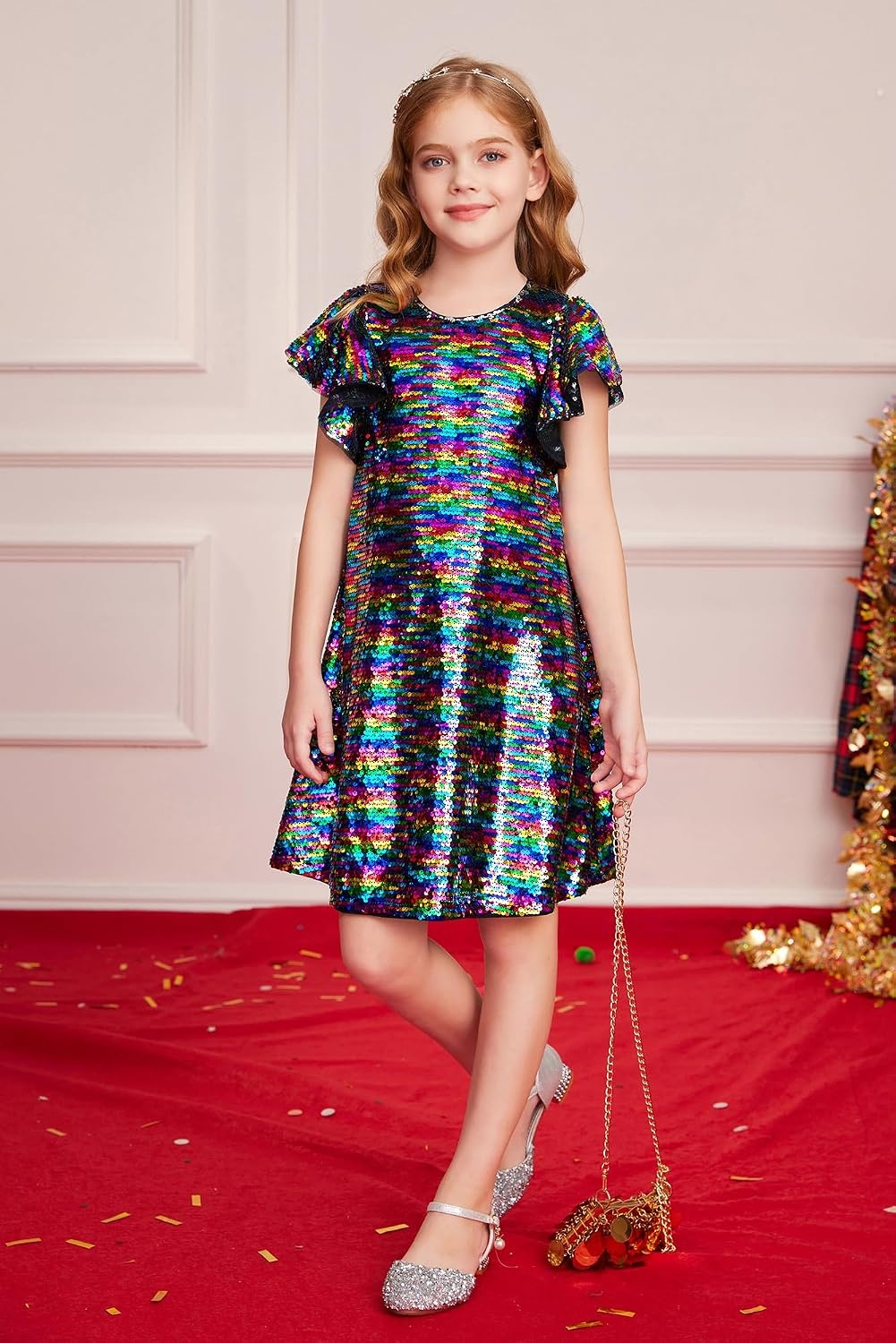 image:imageGRACE KARIN Girls Flutter Sleeve Sequin Dresses Kids Crew Neck Sparkly Fancy Formal Party Dress with Hairbow 512 YearsMulticolor Black
