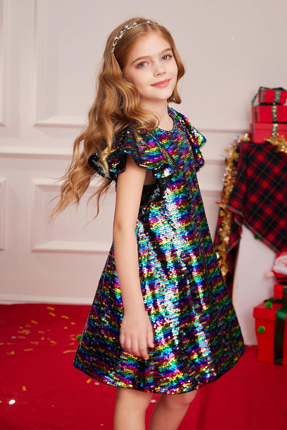 image:imageGRACE KARIN Girls Flutter Sleeve Sequin Dresses Kids Crew Neck Sparkly Fancy Formal Party Dress with Hairbow 512 YearsMulticolor Black