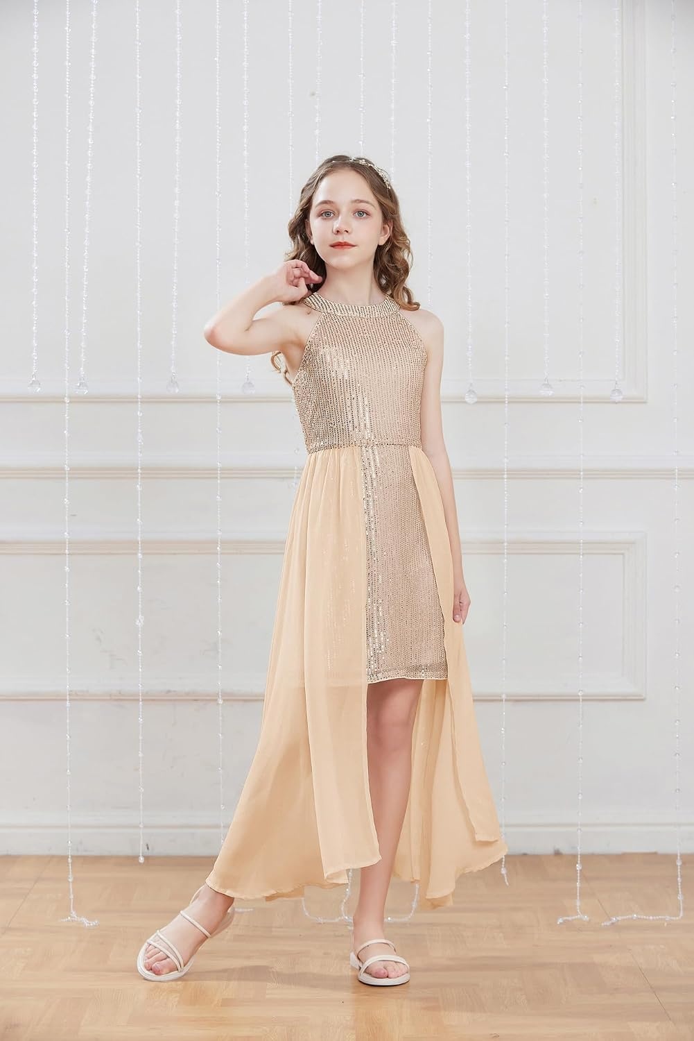 image:imageGRACE KARIN Girls Halter Neck Sequin Dress Kids Fancy Formal Party Christmas Sparkly Pageant Birthday DressesChampagne Gold