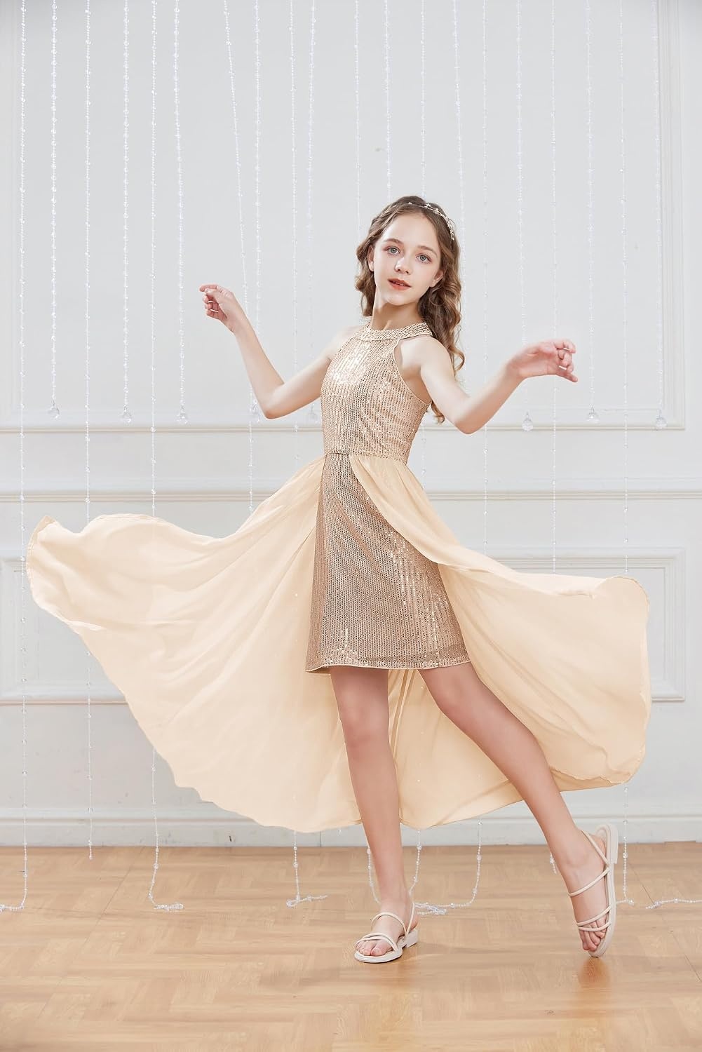 image:imageGRACE KARIN Girls Halter Neck Sequin Dress Kids Fancy Formal Party Christmas Sparkly Pageant Birthday DressesChampagne Gold