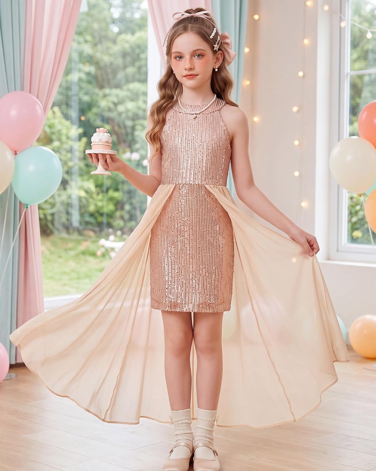 image:imageGRACE KARIN Girls Halter Neck Sequin Dress Kids Fancy Formal Party Christmas Sparkly Pageant Birthday DressesChampagne Gold