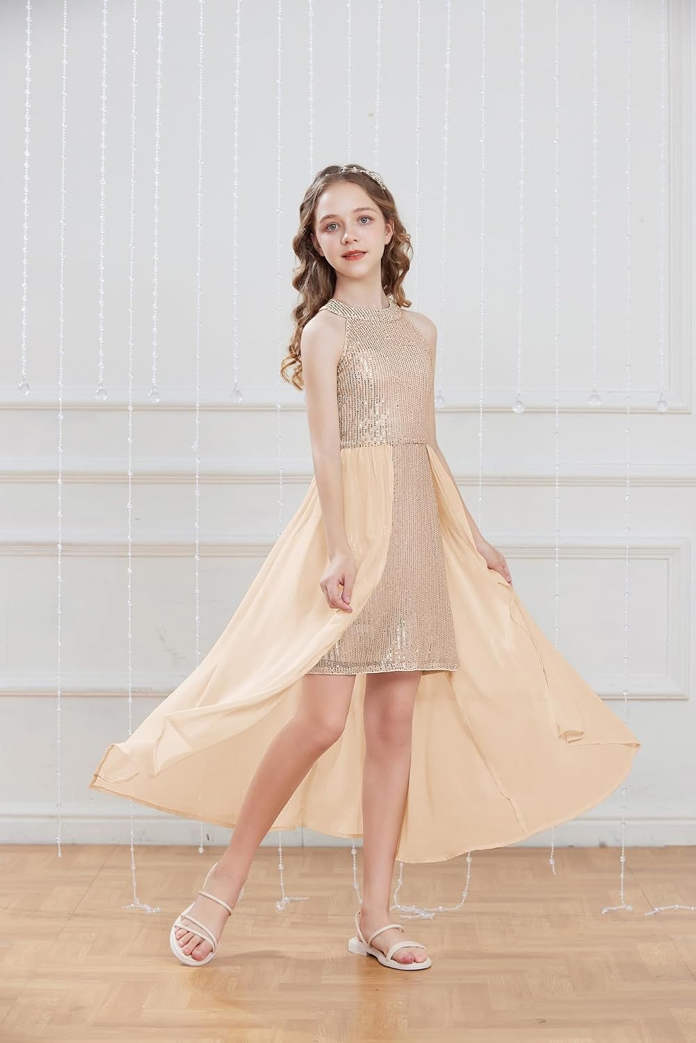 image:imageGRACE KARIN Girls Halter Neck Sequin Dress Kids Fancy Formal Party Christmas Sparkly Pageant Birthday DressesChampagne Gold