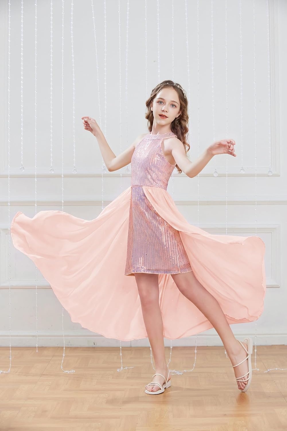 image:imageGRACE KARIN Girls Halter Neck Sequin Dress Kids Fancy Formal Party Christmas Sparkly Pageant Birthday DressesCoral Pink