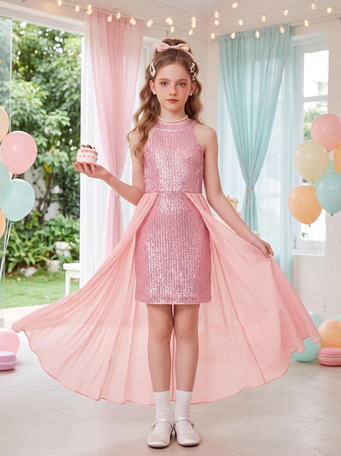 image:imageGRACE KARIN Girls Halter Neck Sequin Dress Kids Fancy Formal Party Christmas Sparkly Pageant Birthday DressesCoral Pink
