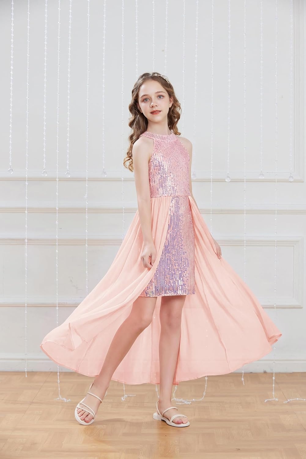 image:imageGRACE KARIN Girls Halter Neck Sequin Dress Kids Fancy Formal Party Christmas Sparkly Pageant Birthday DressesCoral Pink