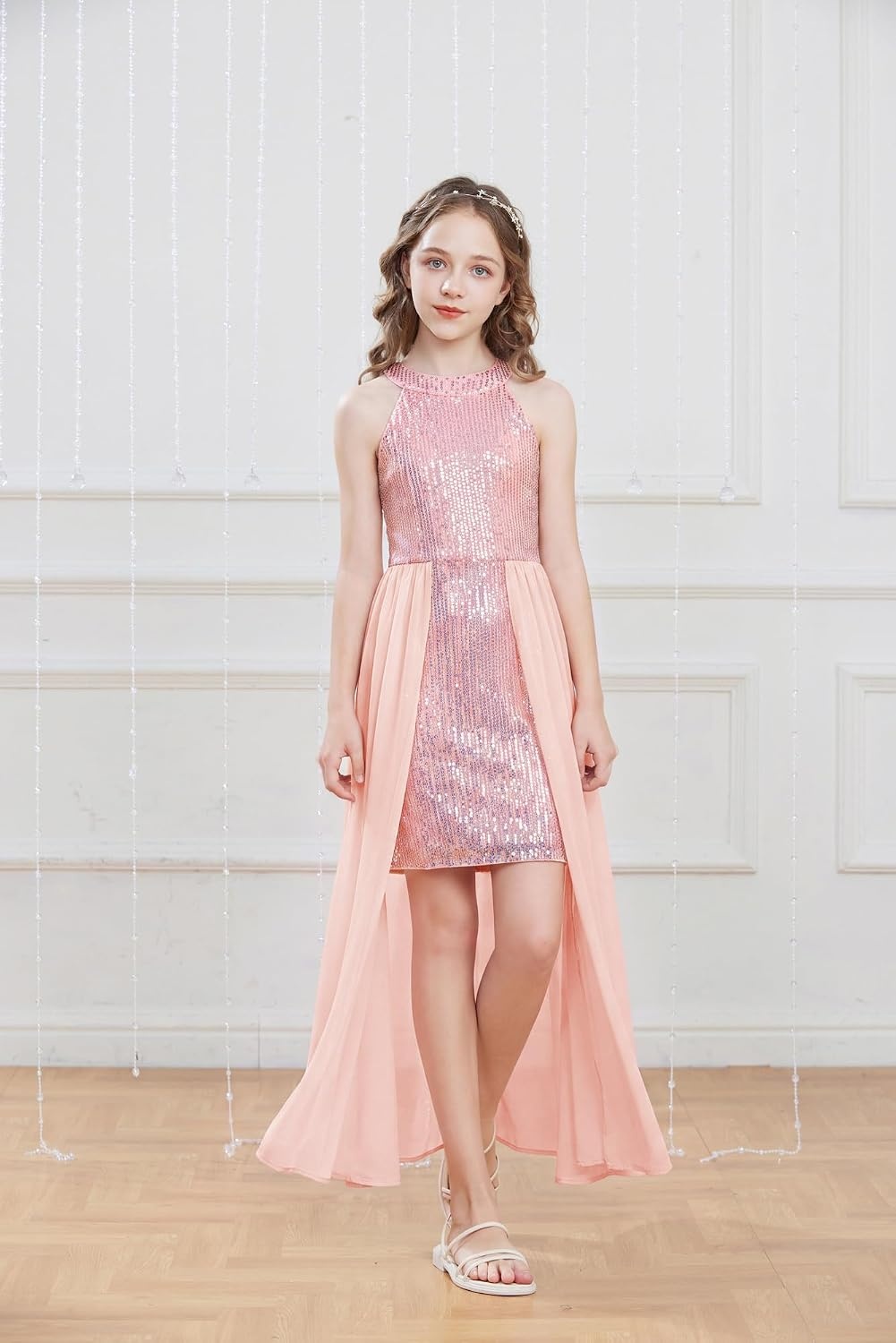image:imageGRACE KARIN Girls Halter Neck Sequin Dress Kids Fancy Formal Party Christmas Sparkly Pageant Birthday DressesCoral Pink