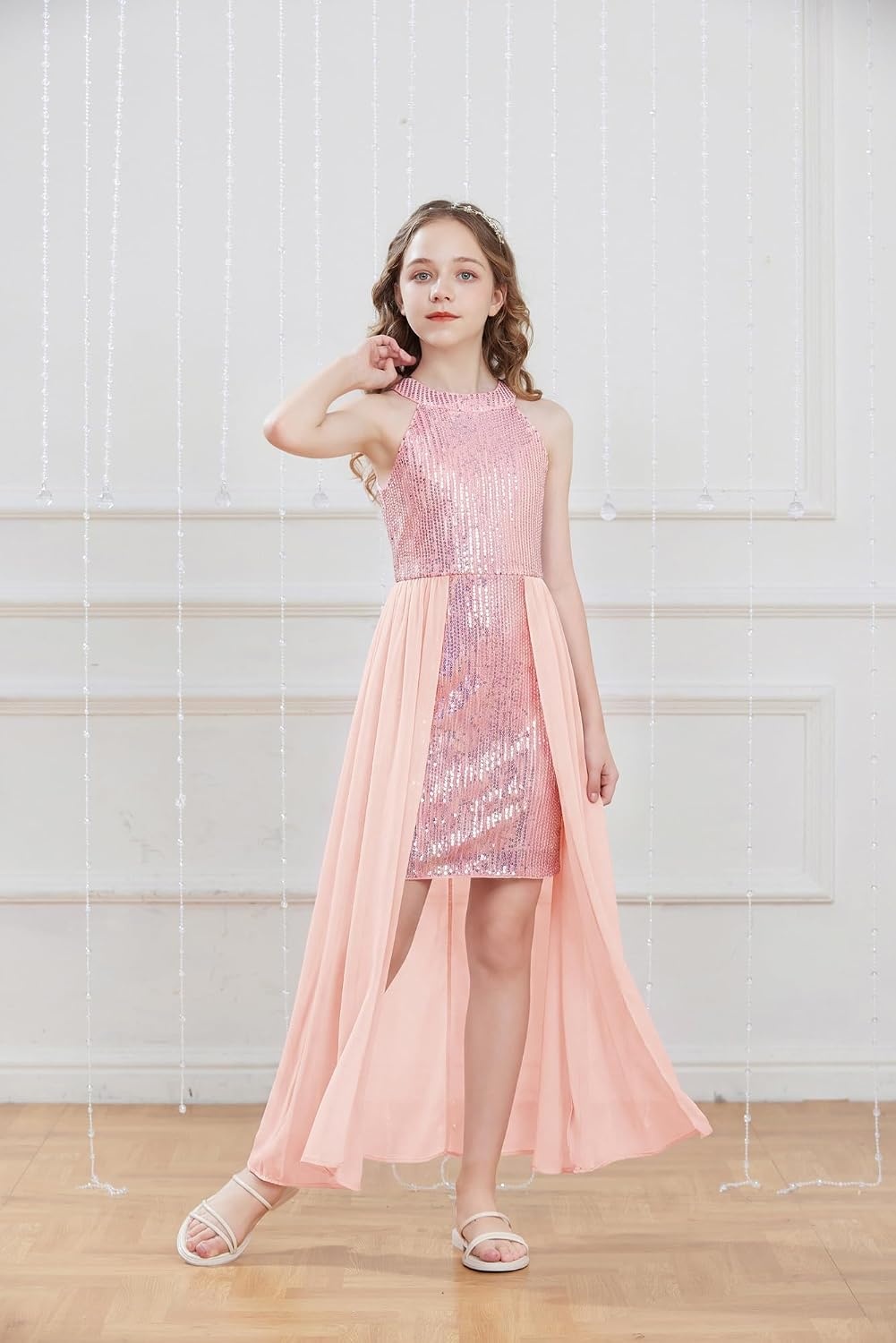 image:imageGRACE KARIN Girls Halter Neck Sequin Dress Kids Fancy Formal Party Christmas Sparkly Pageant Birthday DressesCoral Pink