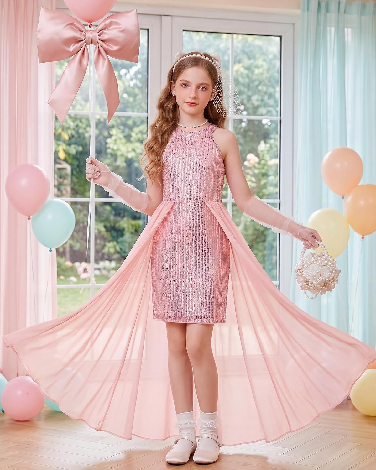 image:imageGRACE KARIN Girls Halter Neck Sequin Dress Kids Fancy Formal Party Christmas Sparkly Pageant Birthday DressesCoral Pink