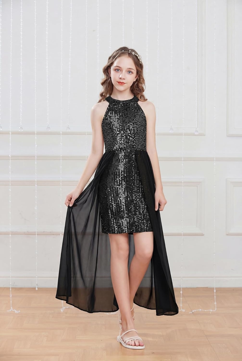 image:imageGRACE KARIN Girls Halter Neck Sequin Dress Kids Fancy Formal Party Christmas Sparkly Pageant Birthday DressesSilver Black