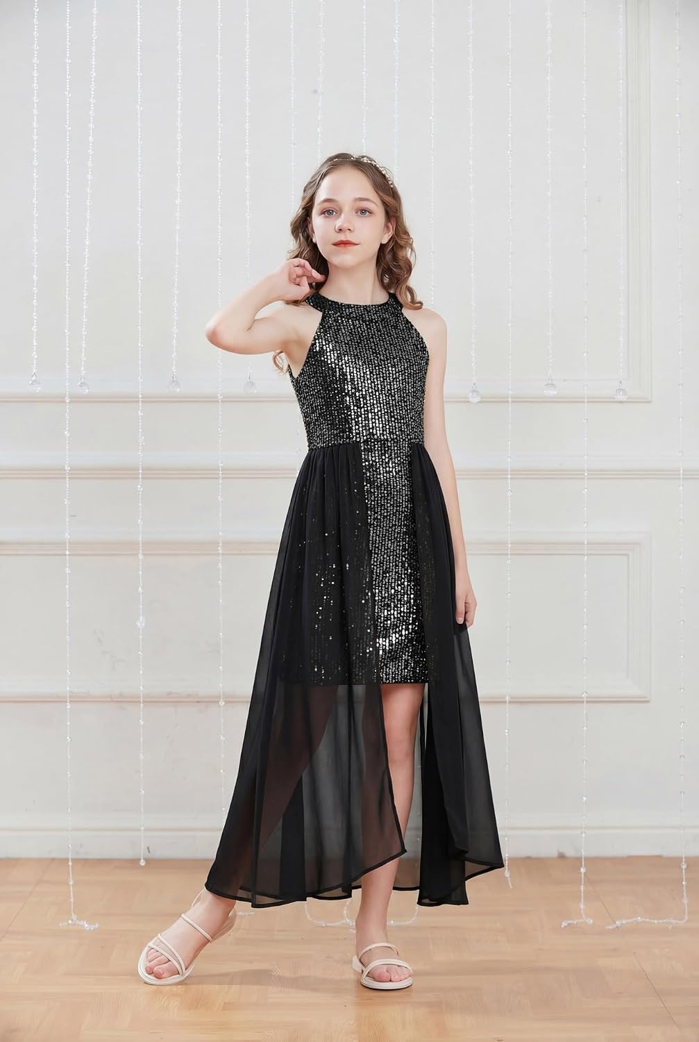 image:imageGRACE KARIN Girls Halter Neck Sequin Dress Kids Fancy Formal Party Christmas Sparkly Pageant Birthday DressesSilver Black
