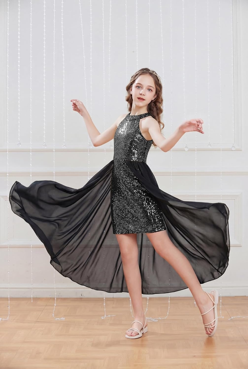 image:imageGRACE KARIN Girls Halter Neck Sequin Dress Kids Fancy Formal Party Christmas Sparkly Pageant Birthday DressesSilver Black